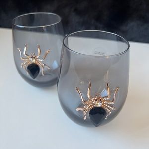 NEW Set Of 2 Spider Gold, Black Gem & Rhinestone Stemless Smokey Wine Glasses